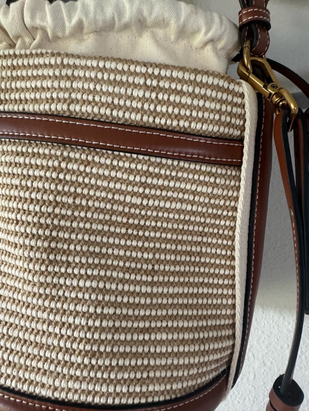 Zara Cream Woven Bucket Bag with Brown Leather Trim - Picture 11 of 12
